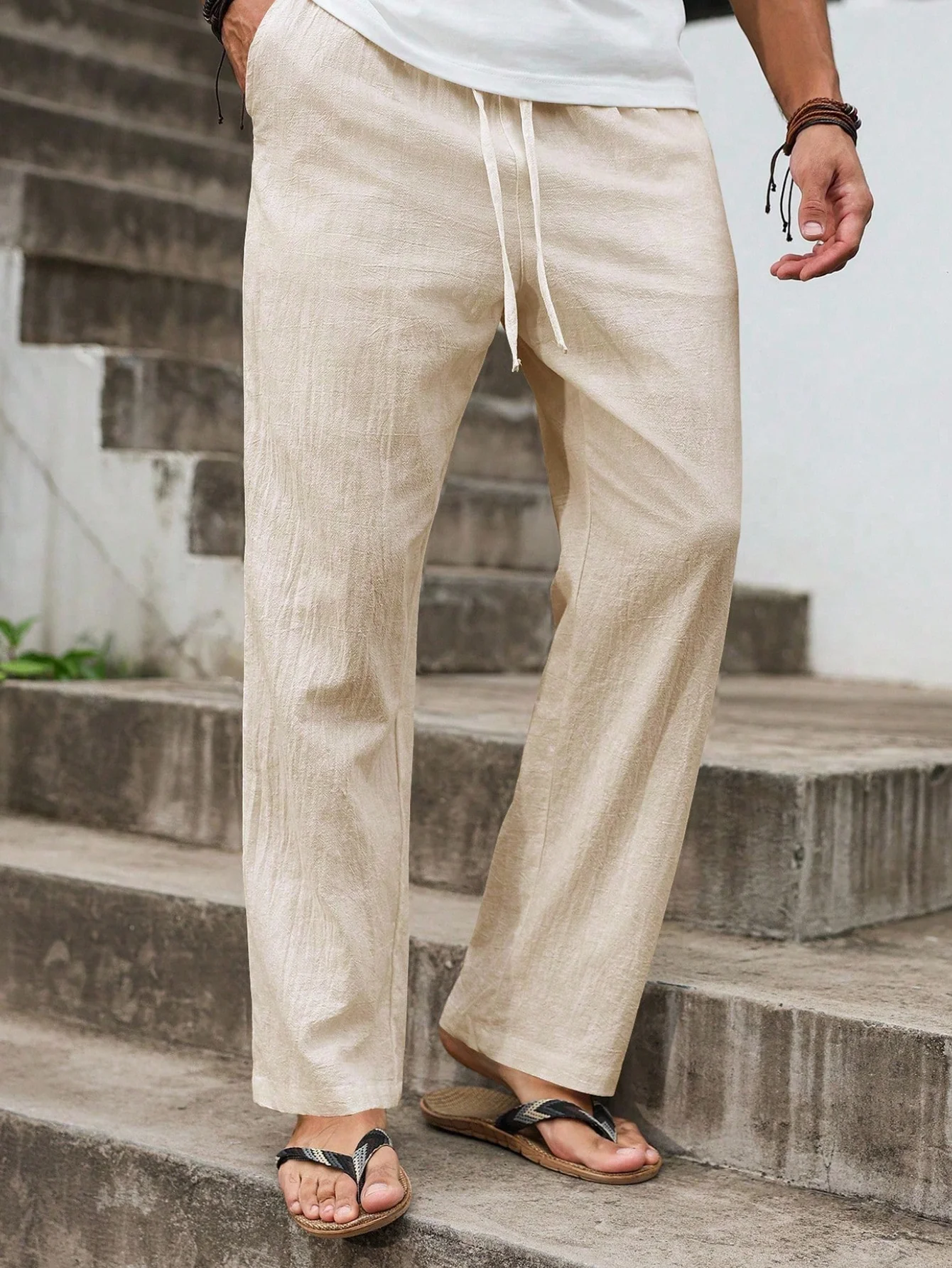 Summer New Linen Straight-Cut Leisure Pants for Men, Breathable Lightweight Beach-Style Cotton-Linen Long Pants