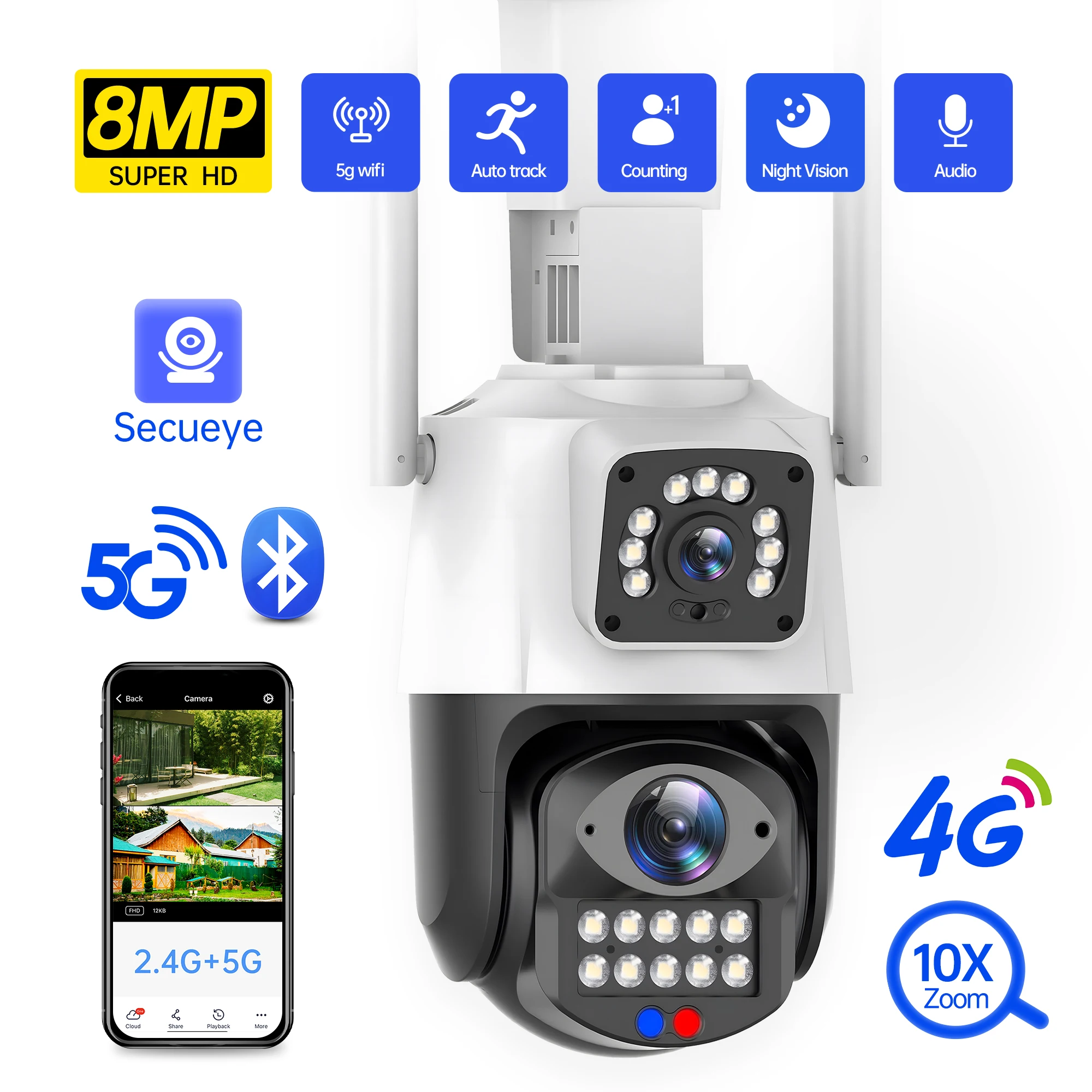 6MP 3K 4G Sim Camera Dual Lens Dual Screen 2.4G/5.8 Wifi PTZ Outdoor Ai Human Detection IP Camera CCTV Security Protection