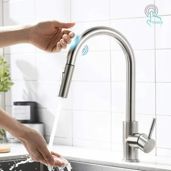 

J24W Brushed Nickel Automatic Smart Touch Sensor Pull Out Water Mixer Tap Kitchen Sink Faucet With Pull Down Sprayer