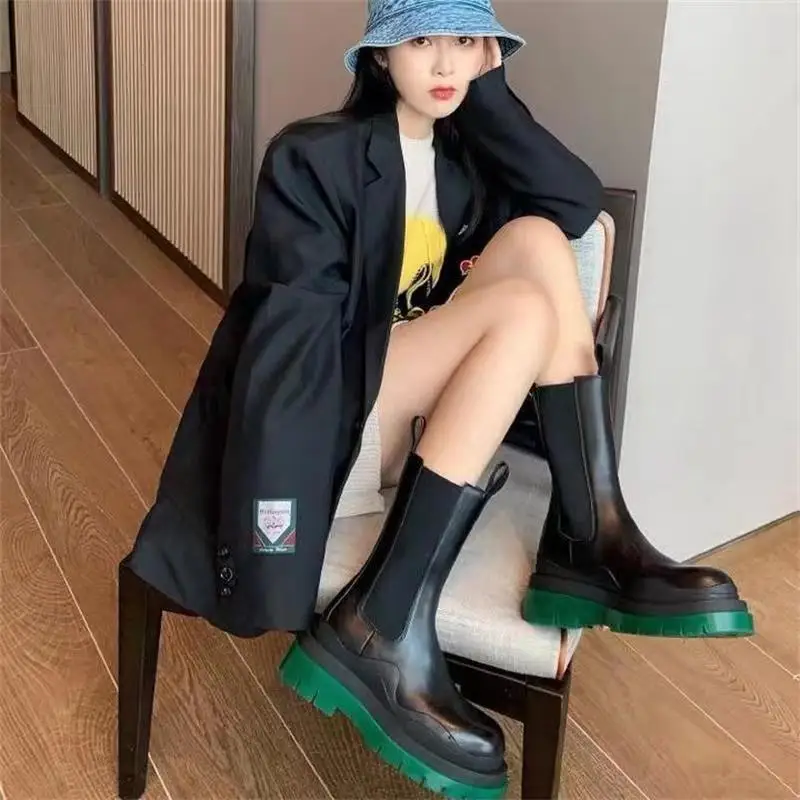 Men's Fashion Rain Boots Platform Women Short Boots Slip on Cool Leather  Motorcycle Boots Round Toe Male Mid-calf Chelsea Boots