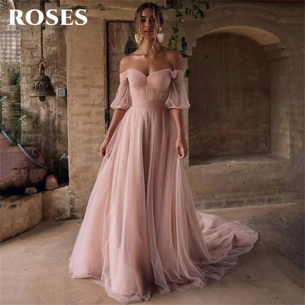 

Pink Prom Dresses Boho Beach Evening Dress Off Shoulder Vintage Cheap Wedding Party Gowns With Short Sleeve Plus Size Vestidos