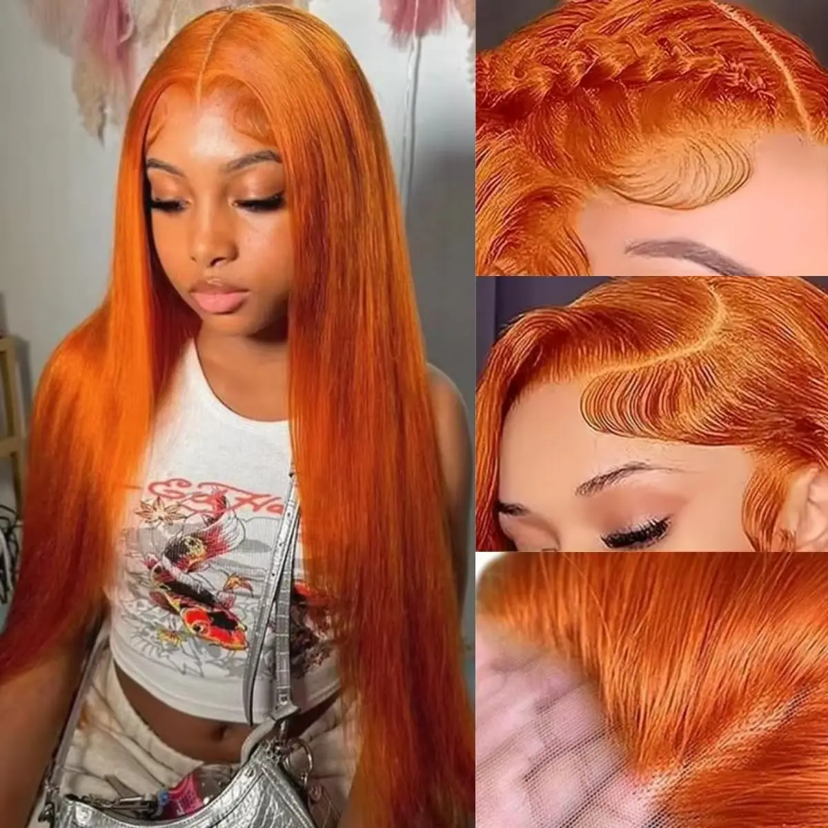 26 Inch Ginger Orange Wig Human Hair 13X6 Lace Front Wigs Human Hair 200% Density 350 Straight HD Transparent Lace Front Wigs