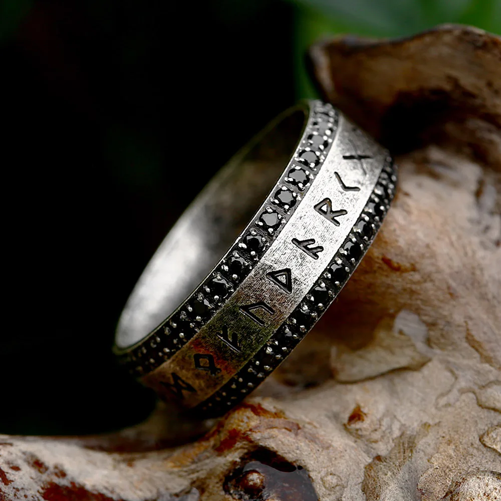 Black Stone Vintage Viking Rune Ring Stainless Steel Nordic Amulet Ring ...