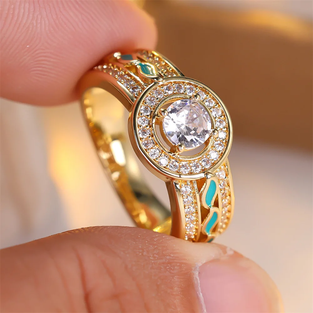 Round Stone White Zircon Green Enamel Rings For Women Vintage Gold Color Engagement Ring Wedding Jewelry Bridal Versatile Gift