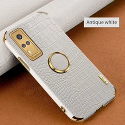 Luxury Leather Phone Case with Ring Grip and TPU Cover for Vivo V21E 5G (White)