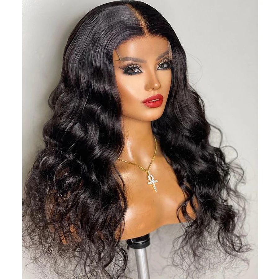 

26“ Long Soft Long Natural Black Deep Wave Curly 180%Density Preplucked Glueless Middle Part Lace Front Wigs for Women Daily
