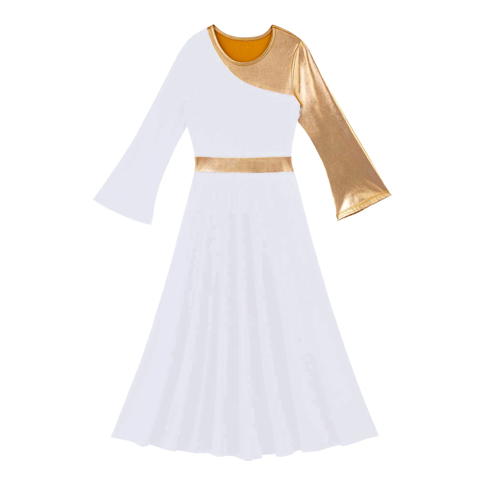 green emerald velvet dress Danzcue Metallic Color Block Long Sleeve Praise Dance Dress white-gold / M-Adult main image 0