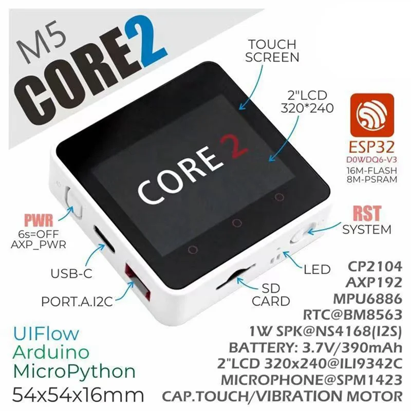 M5stack Core2 ESP32 Iot 개발 키트용 솔리드 ESP32 기반 내장 Wi-Fi Bluetooth 호환 Micropython Arduino