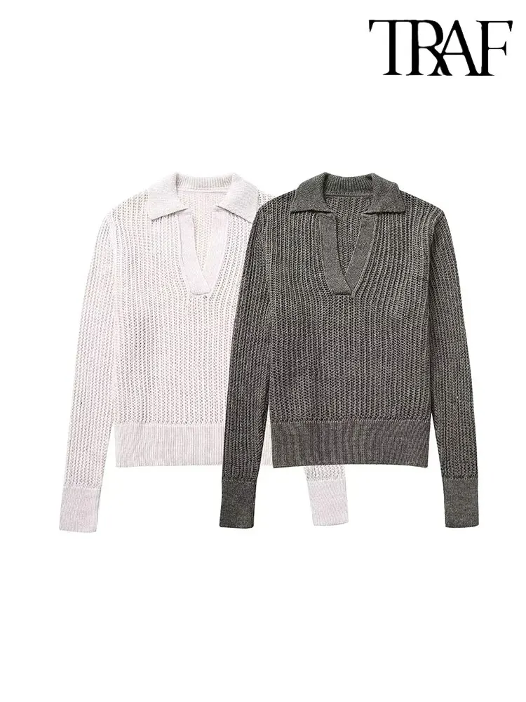 

TRAF 2023 Autumn Winter Women Hollow Out POLO Knitted Sweater Fashion Long Sleeve Causal Elegant Pullover Loose Tops
