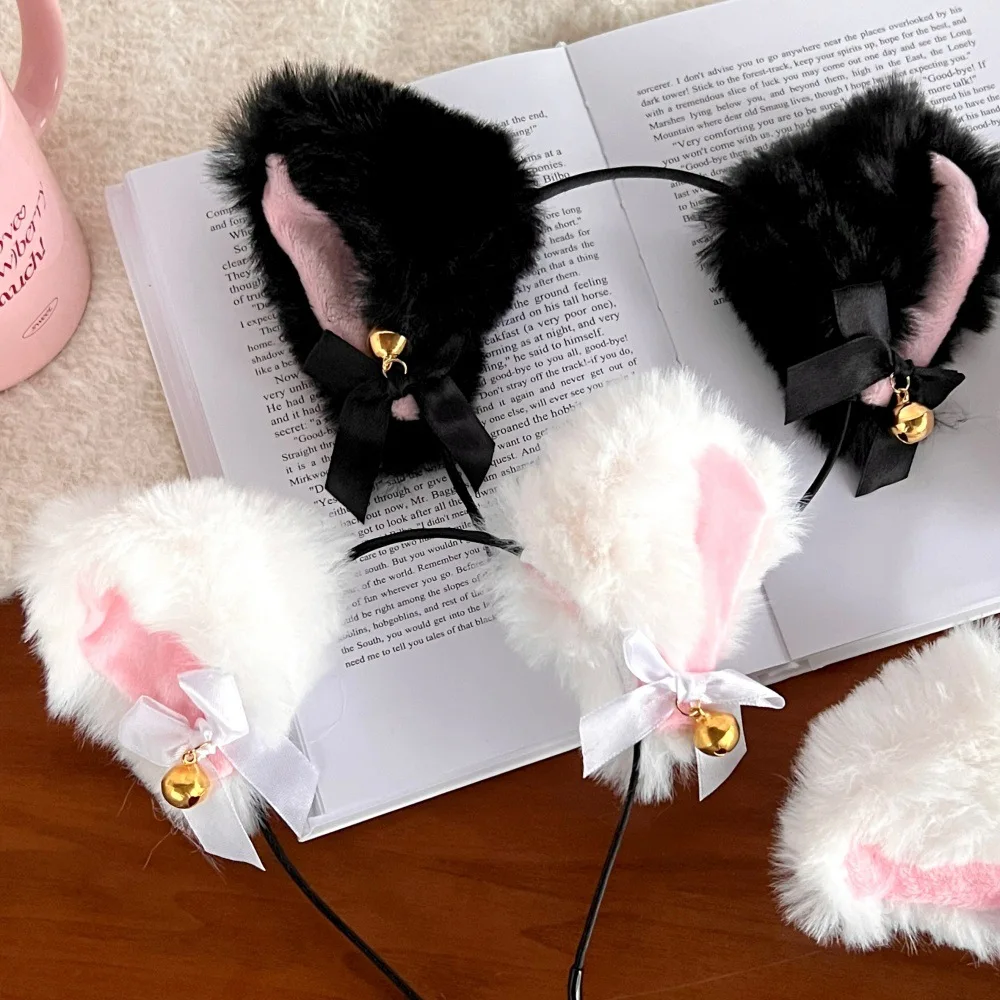Kawaii Cat Ears Headband for Women Girls Lace Bow Necklace Plush Bell Hairband Cosplay Masquerade-Party Costume Hair Accessories