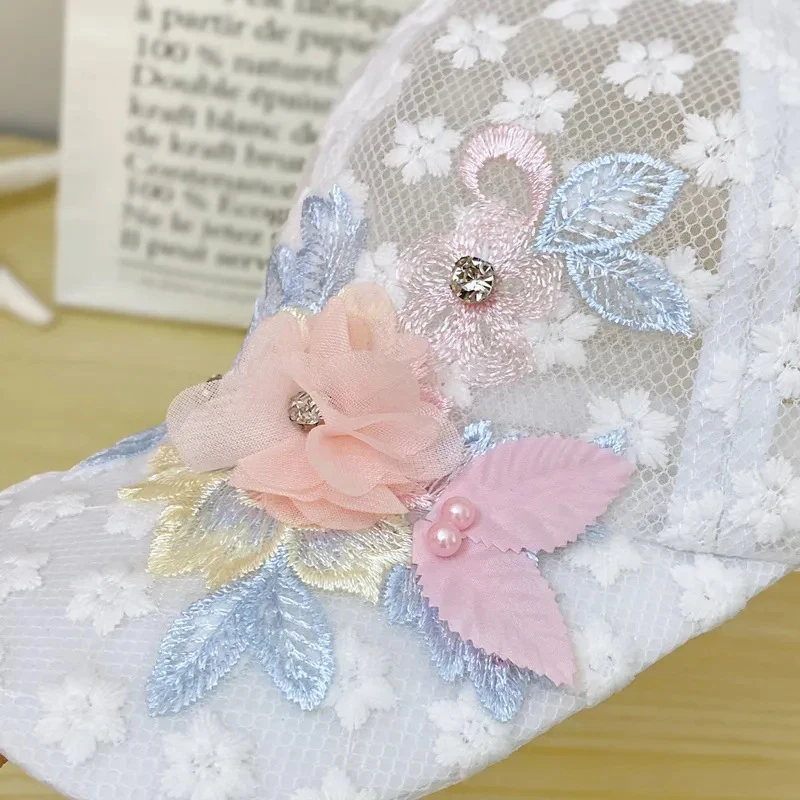 Elegant Lace-Trimmed Breathable Baseball Cap With Flower Embroidcery & Faux Pearls-Adjustable & Chic For Every Woman