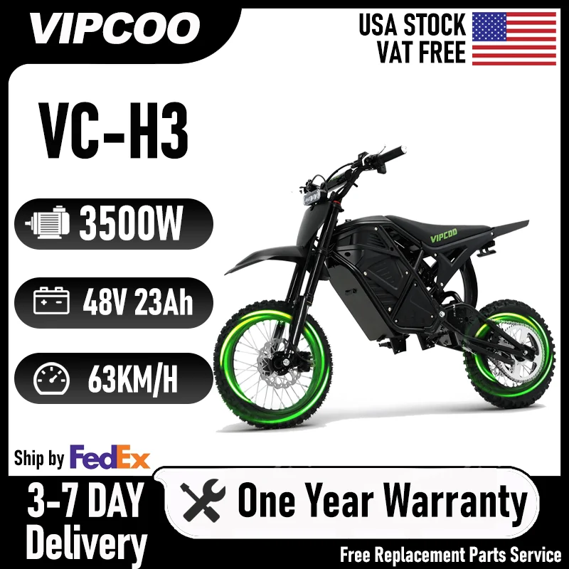 Electric Dirt Bike VIPCOO H3 3500W 48V23AH Electric Motorcycle Fat Tire Nitrogen Suspension E Dirt Bike for Teens and Adults