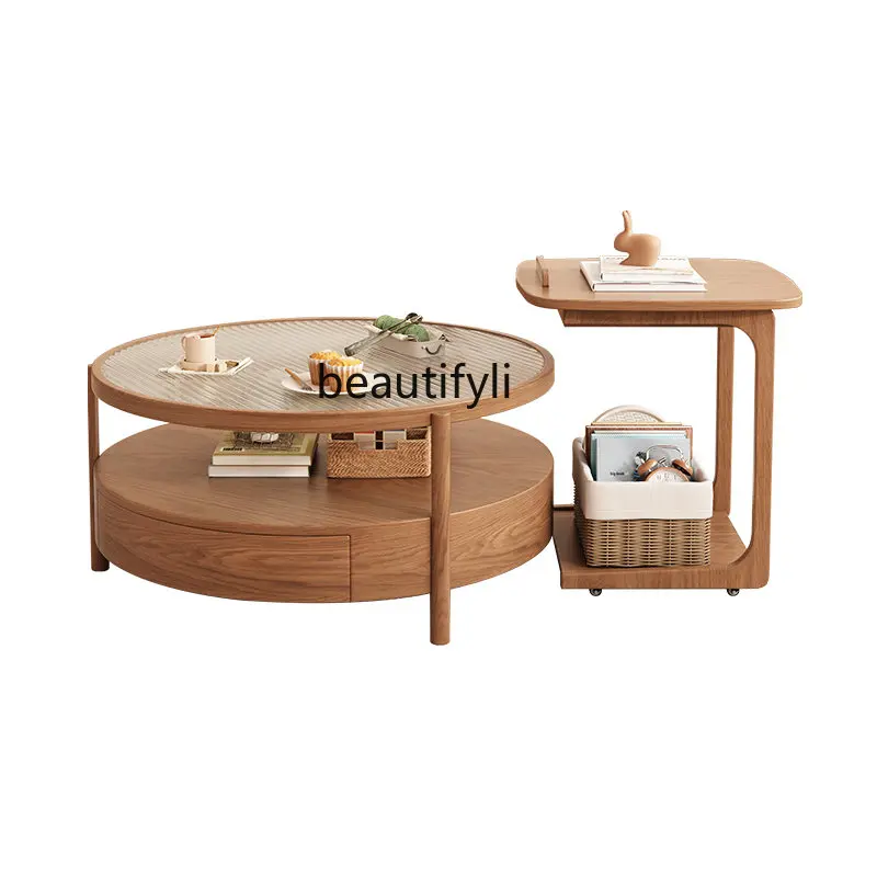 

Nordic round Solid Wood Tea Table Combination Household Small Apartment Double Storage Tea Table Movable Side Table furniture