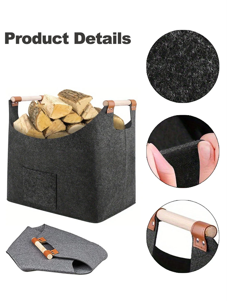 Felt Basket Firewood Box with Wooden Handles Foldable Wood Basket for Firewood Wood Newspapers Clothes Storage Basket 4