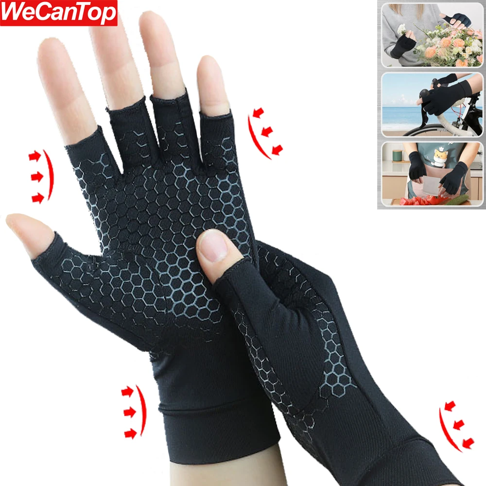 Copper Compression Arthritis Gloves 1Pair Fingerless Hand Support fingerless gloves compression gloves for Carpal Tunnel Ideal for Typing,Crocheting, Men & Women