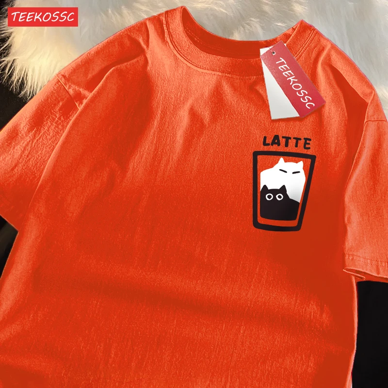 Mocha Latte Couple Outfit Cat Coffee Couple Male T-Shirts Graphic Cool Tee Shirt High-Quality Oversized Tshirt Comfort Soft