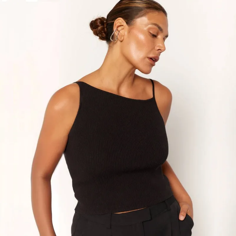 Camiseta negra de moda acanalada para mujer, jersey de espagueti, informal, de retazos, sin mangas, verano 2025, top ajustado para mujer