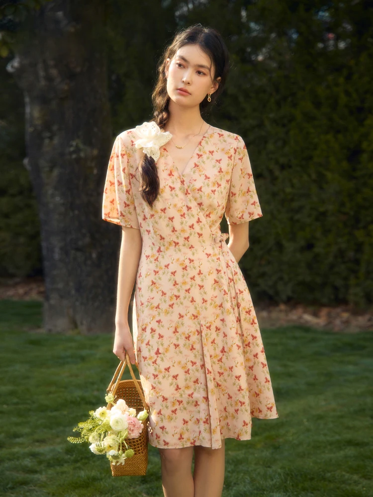 

DUSHU French Wrap Dress New High Waisted Slim Floral Dress For Summer 2024 Women Boho Dress 24DS82307