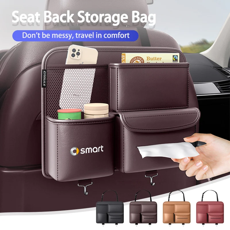 Per Smart Leather Car Seat Storage Bag Auto Poggiatesta Hanging Organizer Eq Cabrio Crossblade Roadster City-Coupe 452 454
