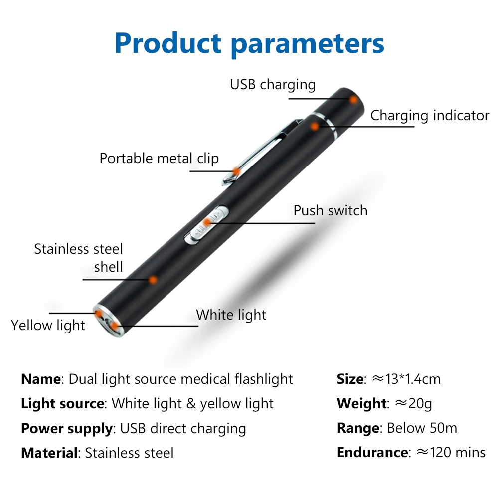 USB Rechargeable Stainless Steel 2 Modes LED Flashlight Clip Pen Mini Light Portable Lamp Inspection for dentist Camping Nursing led flashlight,mini flashlight,led flashlights,medical light