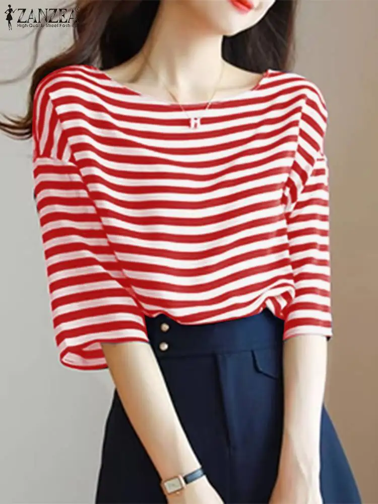 

ZANZEA Woman Fashion Tunic Tops Summer Casual Stripe Printed Blouse Femme Half Sleeve O-Neck Shirt Holiday Chemise 2023 Oversize