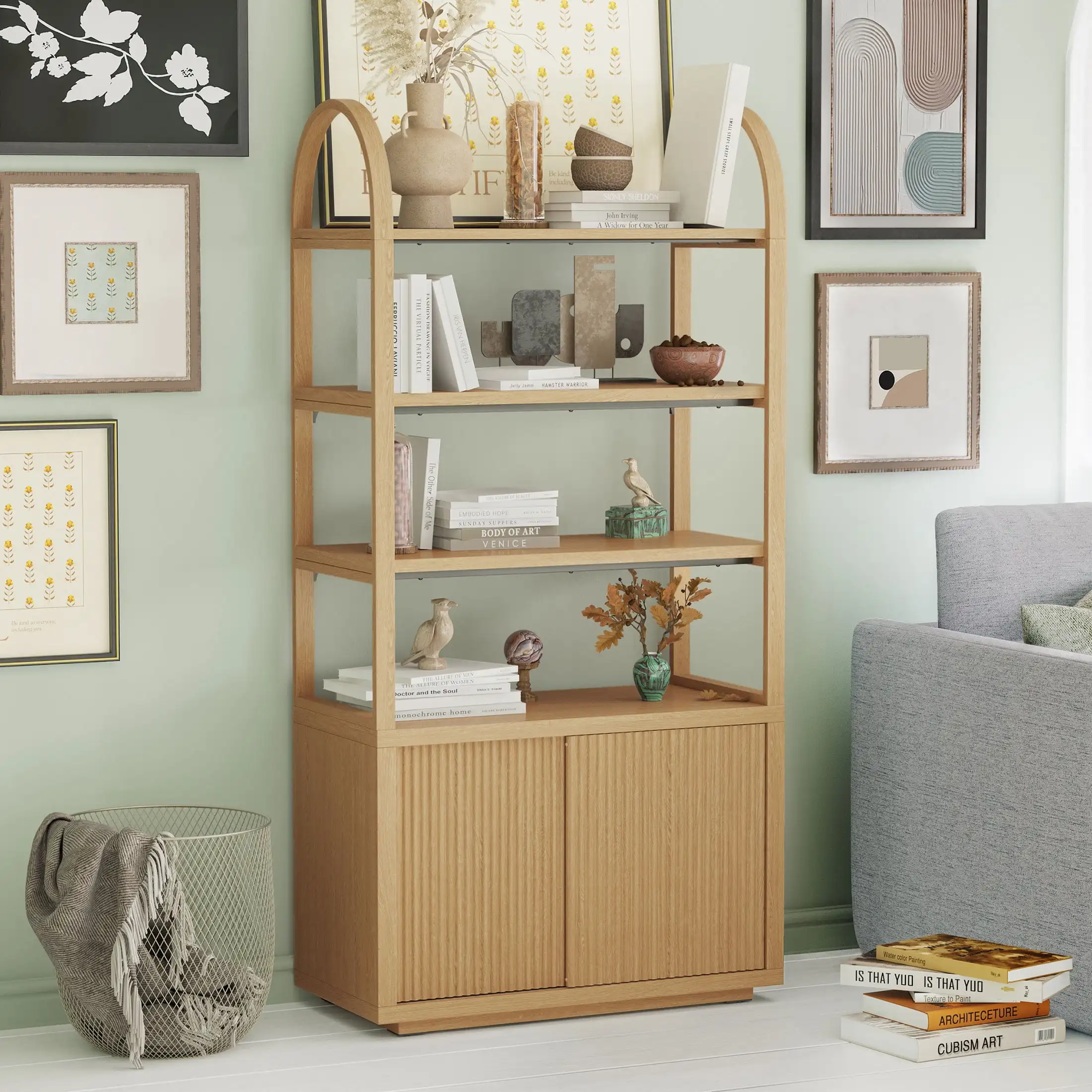 

Beautiful Fluted 3Shelf Bookcase with Storage Cabinet by Drew Barrymore, Warm Honey Finish