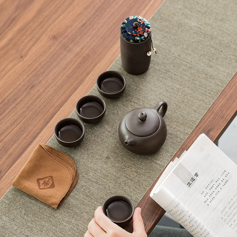 Portable Chinese Travel Tea Set, Teapot Clay Set, Tea Ceremony, Camping, 4 Cups, Zi Shi, Ke Cup, Tea Pot Set