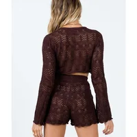 Beach Holiday Bohemian Knitted Two Piece Set Pajamas Women Long Sleeve Hollow Out Crop Top Pullovers + Slim Fit Short Ouftits - Image 6
