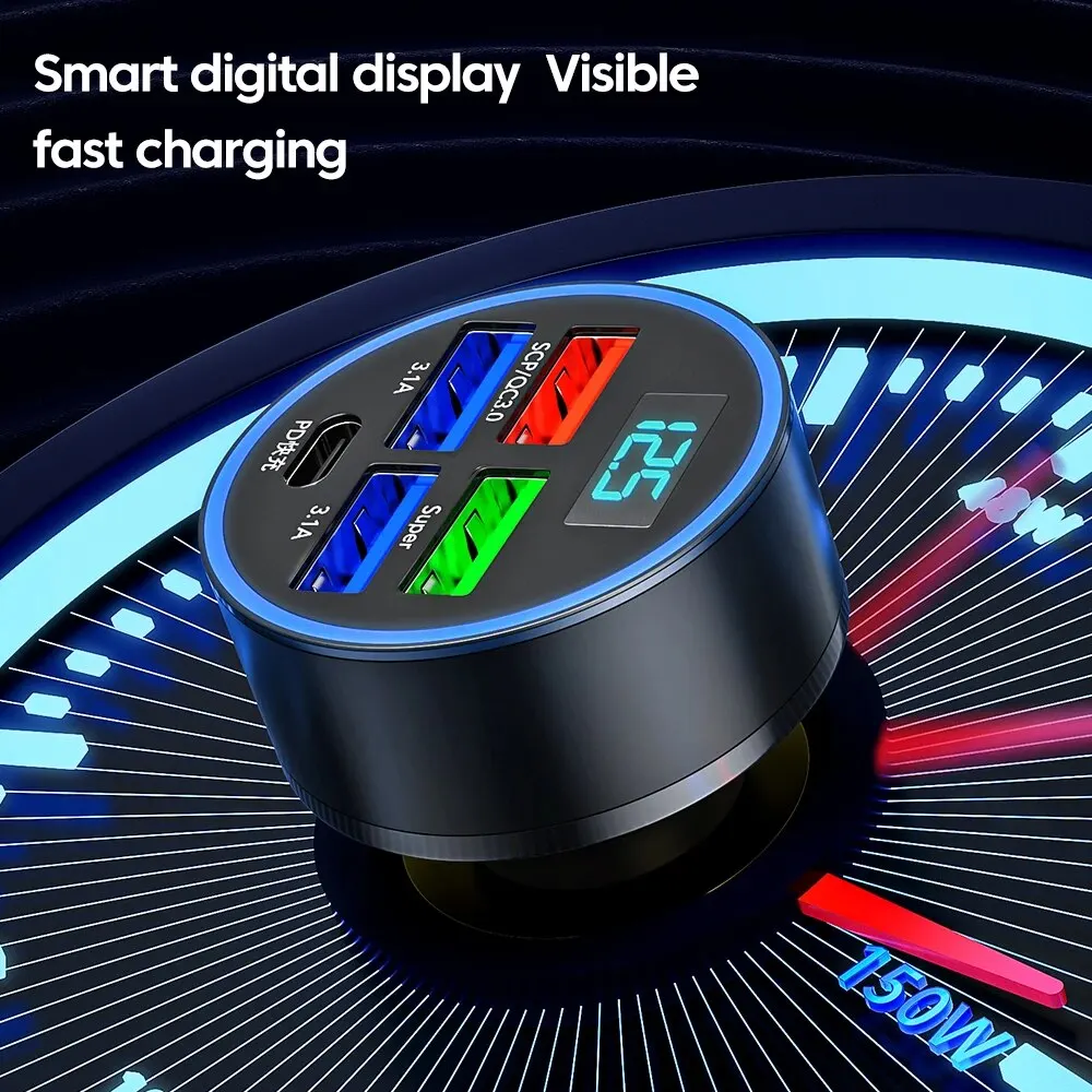 Car Charger PD100W Car Charger QC3.0 Fast Charge One to Four Car Cigarette Lighter Plug 5 Port Charger Flash Charge