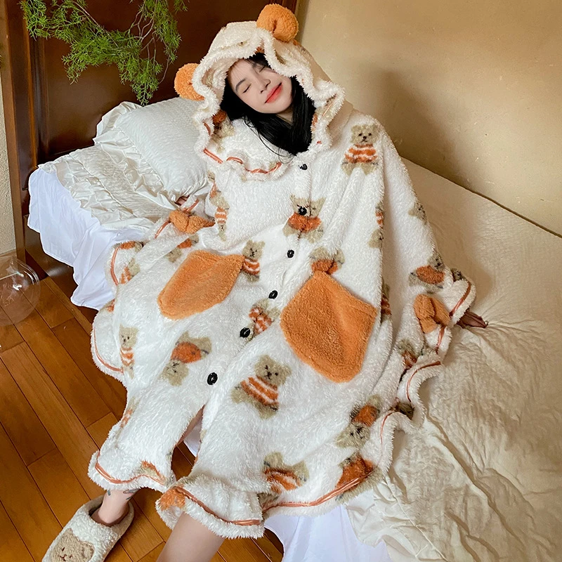 

Girl's Cute Pajamas Women's Winter Coral Fleece 2023 New Nightgown Cloak Hooded Fleece-Lined Cartoon Bear Printed Home Clothes