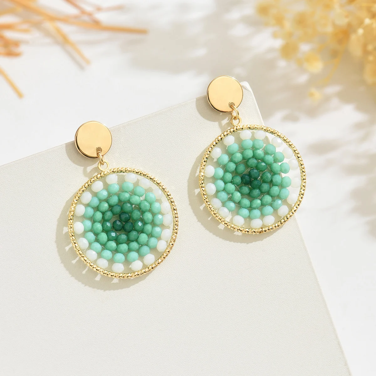 Boho Beaded Gradient Round Earrings, Handmade Women's Pendant Vintage Earrings, Perfect for Everyday Wear and Party Occasions