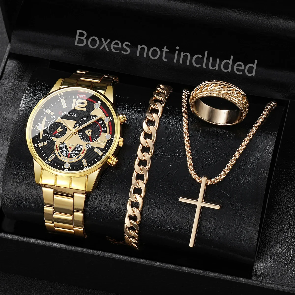 4PCS Mens Business Watch Bracelet Ring Set Analog Mechanical Quartz