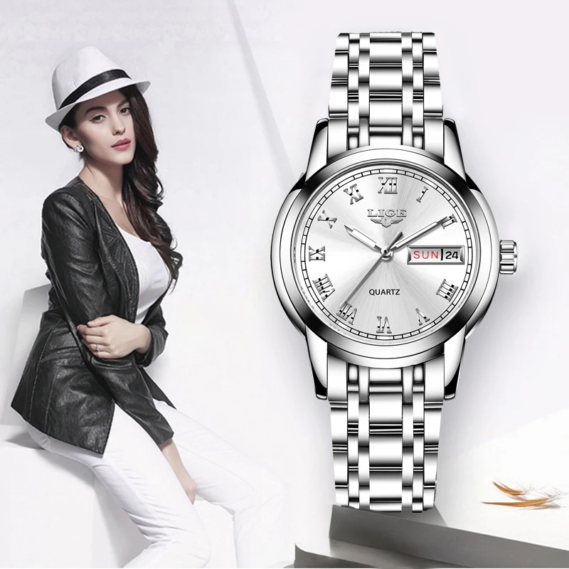 

LIGE Fashion Ladies Watch Women Quartz Watch Elegant Women's Watches Date Week Stainless Steel Female Dress Clock Montre Femmes