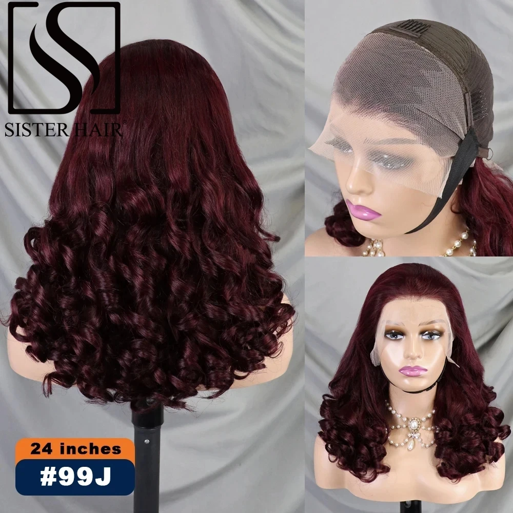 

300% Density Bouncy Curly Burgundy 99J Human Hair Wigs 24inch 13x4 HD Transparent Loose Wave Lace Wig for Women Preplucked Remy