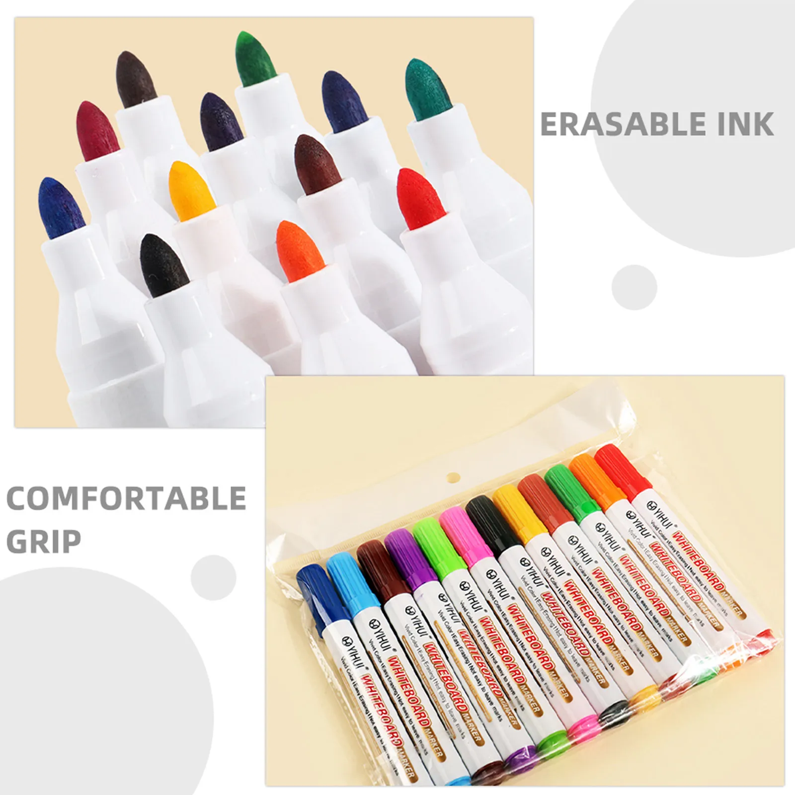 12Pcs 화이트보드 지우개 펜 교실 프리젠테이션을 위한 멀티 컬러 세척 가능 잉크 브레인스토밍 세션 휴대용 드라이 지우개
