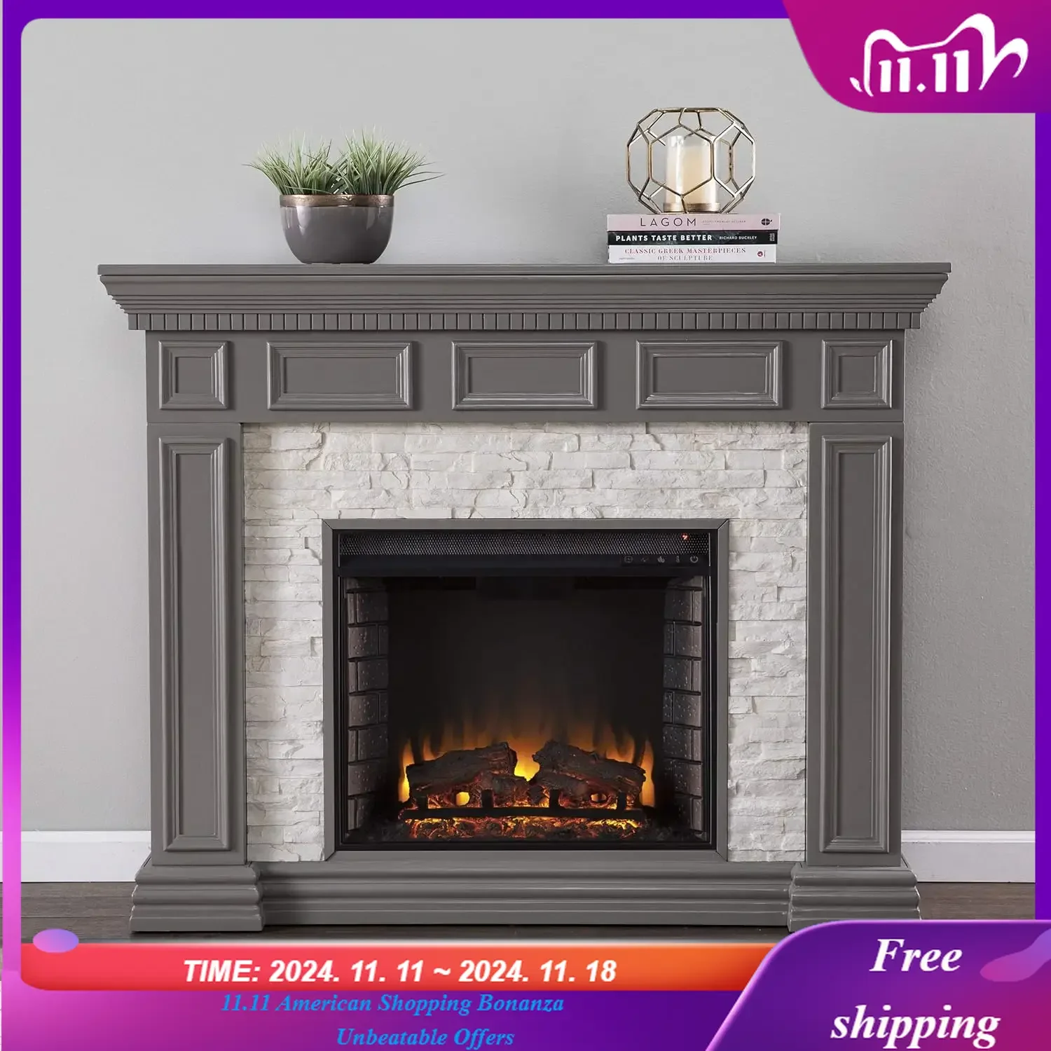 Dakesbury Faux Stacked Stone 50" Electric Fireplace, Gray