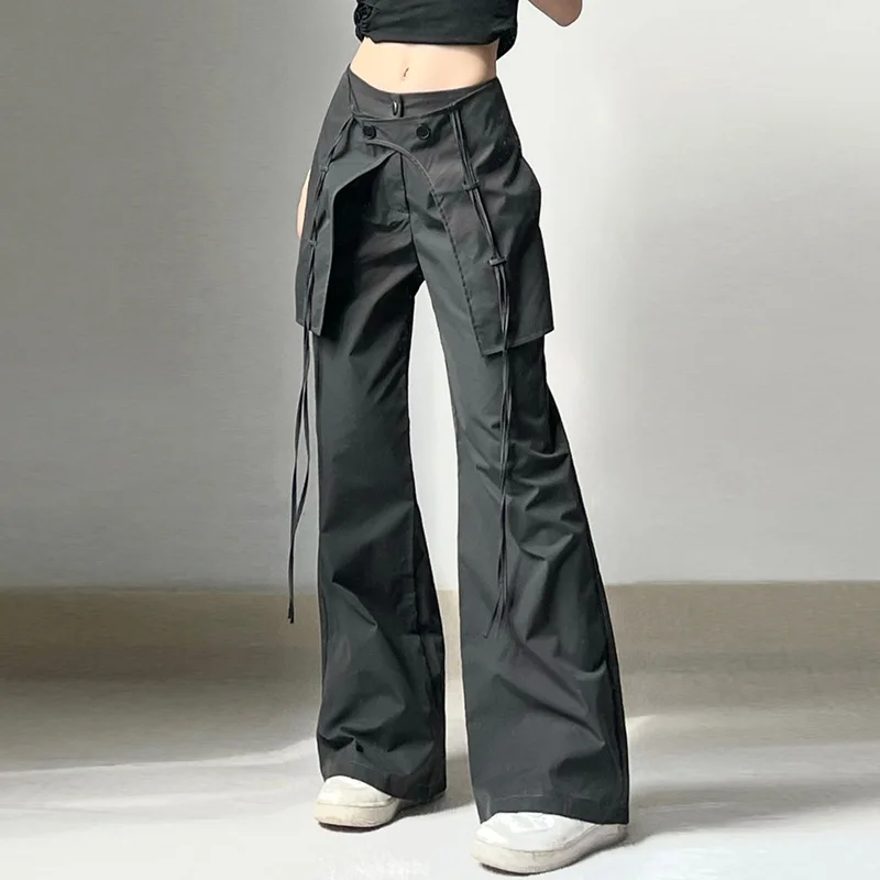 

KOXINVES Loose Women's Clothing 2024 Spring High Waist Cross Straps Fashion Street Pocket Casual Woven Pants All-match WS1300