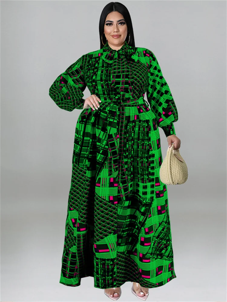 Wmstar Plus Size Women Clothing Fall Dresses with Belt Loose Vintage Long Sleeve Print Big Hem Long Dress Wholesale Dropshipping