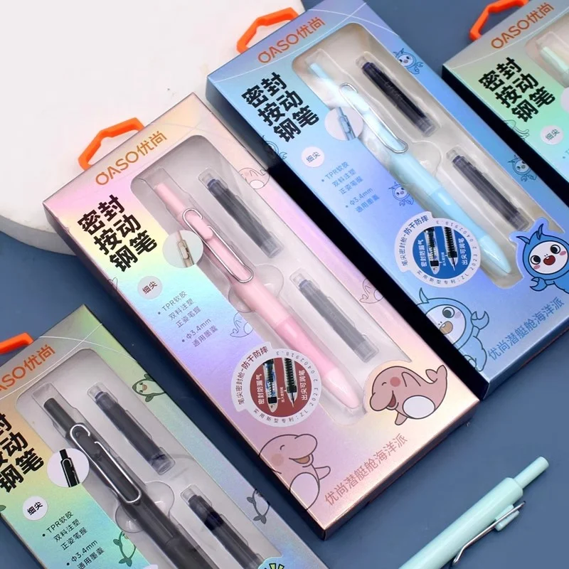 OASO K018 Sealed Press Fountain Pen Retractable 0.5mm Nib Press Office School Student Pen Set with 2pcs Blue Ink Cartridges 6