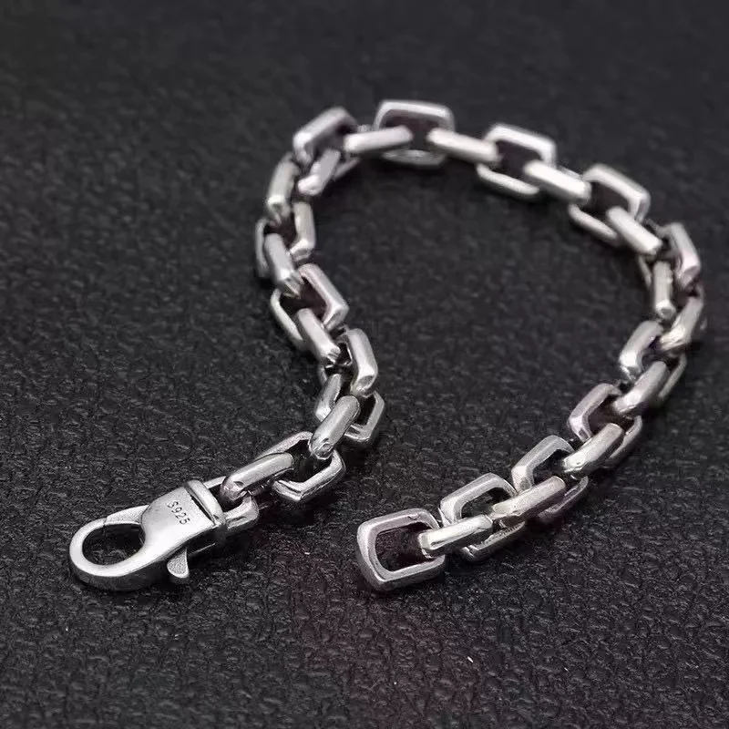 

S925 Sterling Silver Jewelry Trendy Men's Fashion Personality Popular Retro Silver Chain Square Handmade Bracelet Gift Wholesale