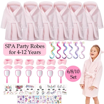 겨울 스파 파티 로브 기모노 소녀 플란넬 목욕 가운, 부드러운 후드 잠옷, 어린이 생일 파티 선물, 6/8/10 세트
