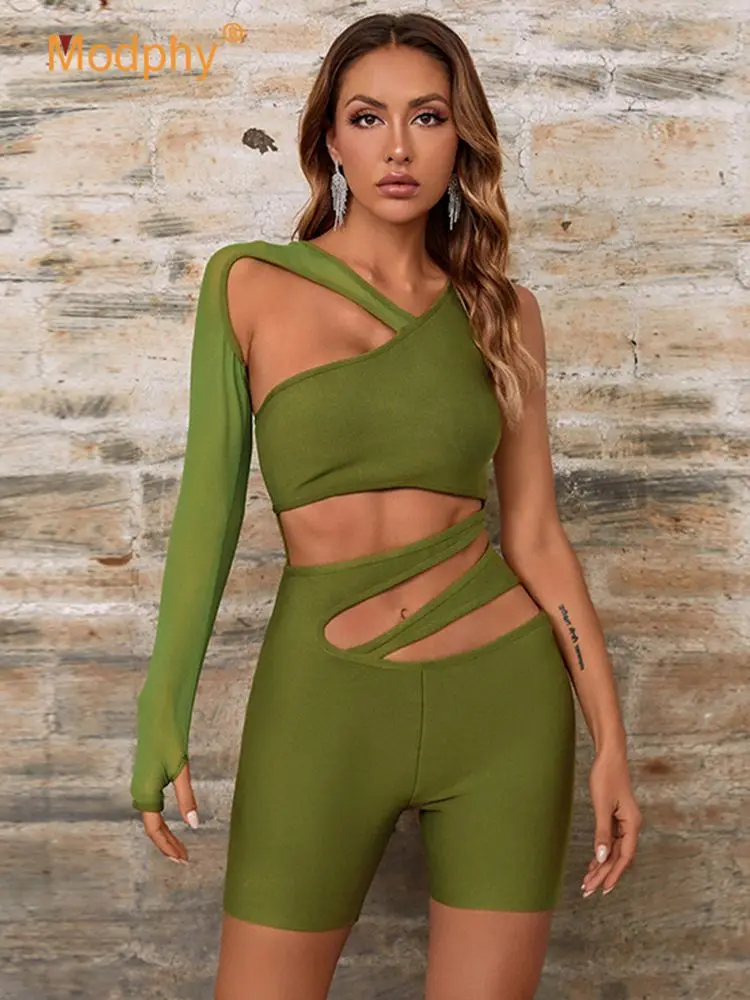 

Ladies ArmyGreenSexy Hollow One Shoulder Bandage Bodysuit 2022 Summer New Women's Mesh Long Sleeve Bodycon Fashion Jumpsuit