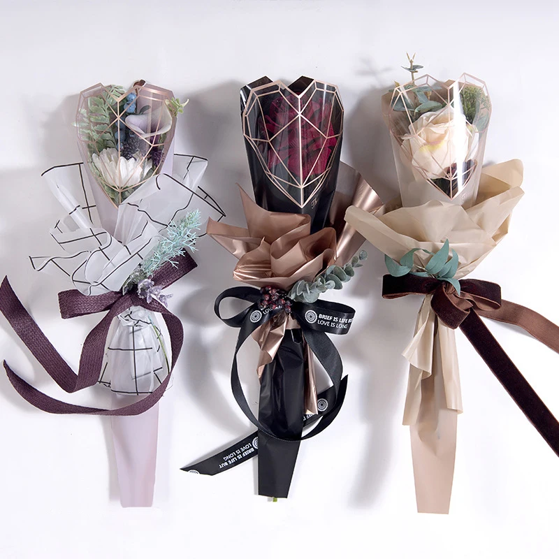 20pcs/pack Double Sided Diamond Heart Flowers Wrapping Paper Bouquet Packaging Bags Floral Arrangement Flower Shop Clear Bag
