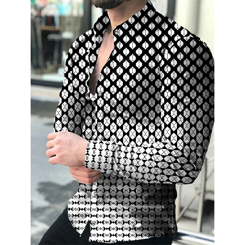 New Fashion Luxury Social Men Shirts Turn-down Collar Buttoned Shirt Casual Lattice Print Long Sleeve Tops Mens Clothes Cardigan long short sleeve shirt Shirts