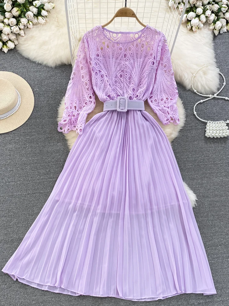 

Summer Women Hollow Out Lace Pleated Long Dress Vintage Female O-Neck Yellow/Purple/Blue/Black Patchwork Draped Maxi Vestidos