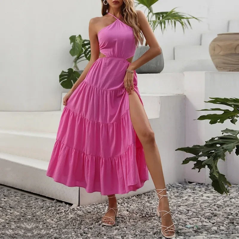 

2024 Sexy Countryside Style Open Back Strap Elegance Hanging Neck Dress Pink Cake Split Long Bodycon Dress Women Clothing YSQ27