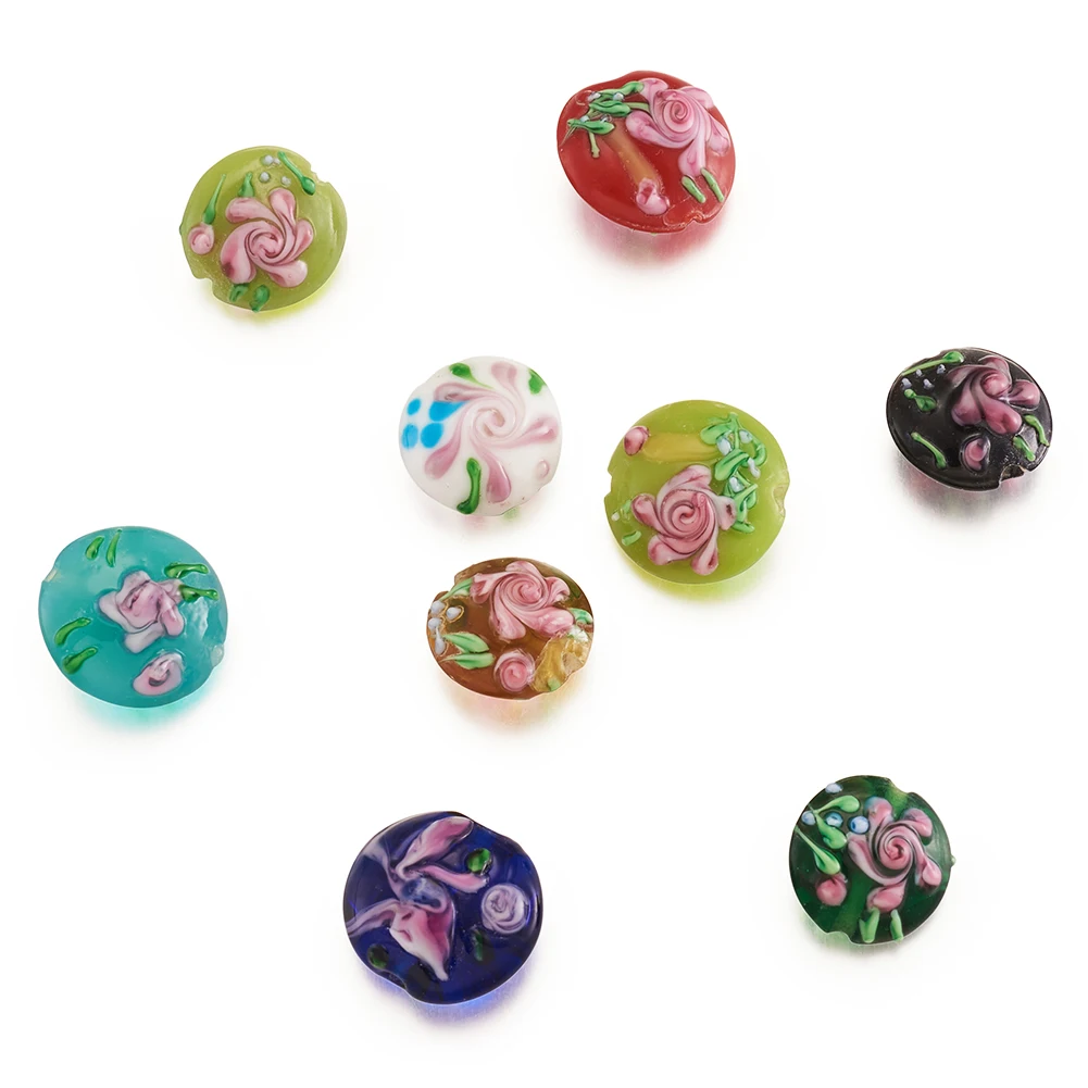 

24pcs Handmade Bumpy Lampwork Beads Flat Round with Flower Loose Beads for Jewelry Making DIY Bracelet Necklace Crafts Supplies