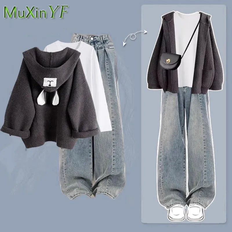 

2023 Autumn/Winter New Denim Pants Matching Set Women's Korean Elegant Knit Hooded Cardigan+Long Sleeve+Jeans Three Piece Suit