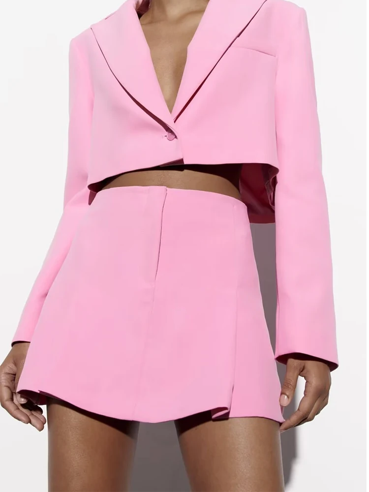 YENKYE 2023 Women Single Button Pink Crop Blazer Vintage Long Sleeve Lapel Collar Elegant Ladies Office Suit Coat