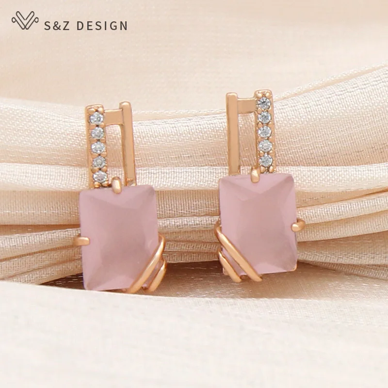 S&Z DESIGN New Elegant Champagne Gold Color Square Crystal Dangle Earrings For Women Wedding Jewelry Fashion Cubic Zirconia